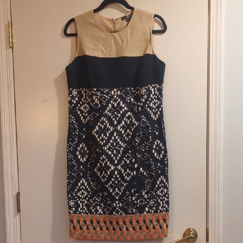Per Se Tan and Black Patterned Midi Dress with Orange Accents